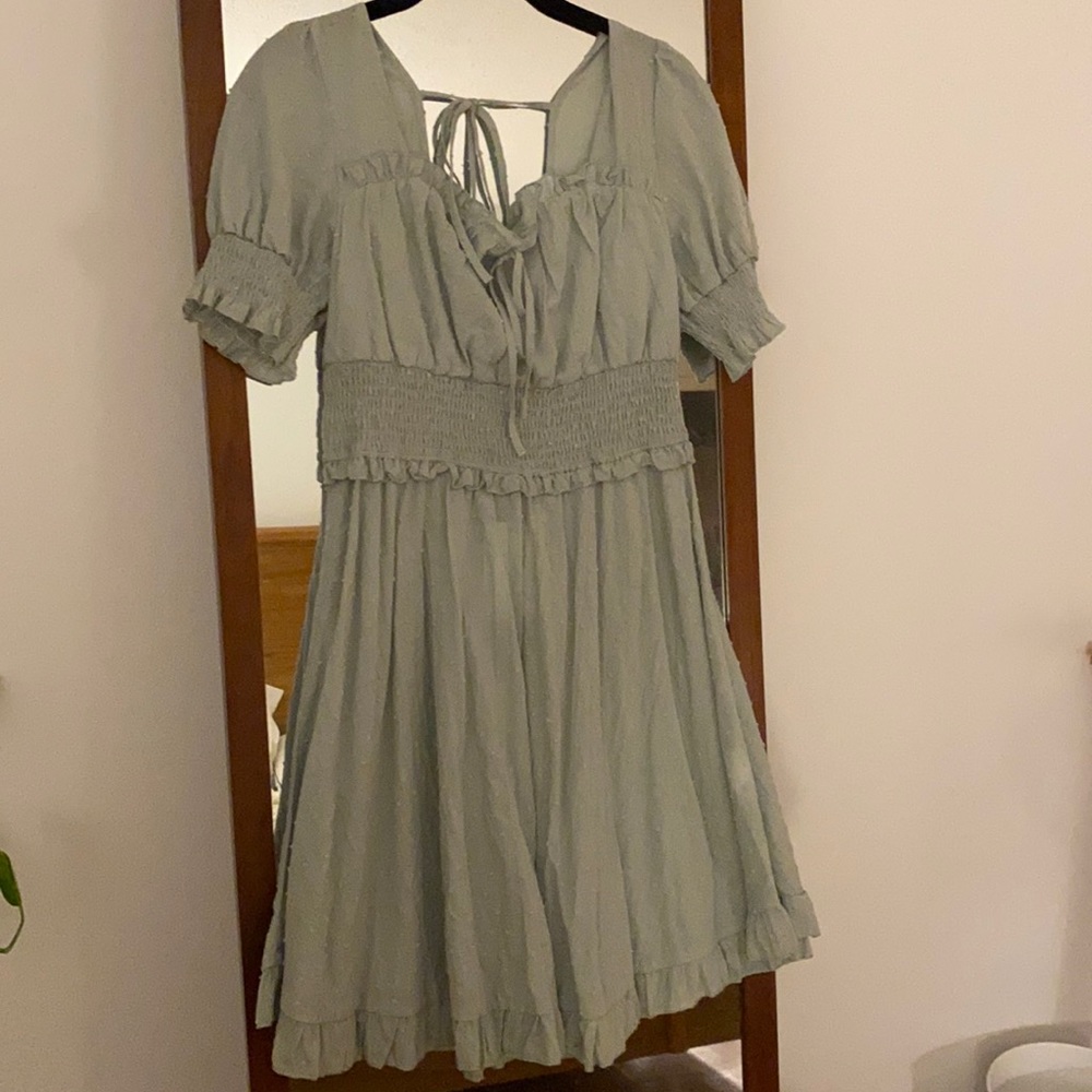 Luca and Grae Smocked Waist Sage Green Mini Dress